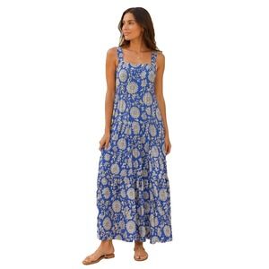 Floral Tiered Peasant Boho Maxi Dress Size Small Coastal Euro Summer Garden Airy